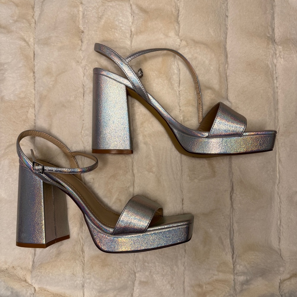 Open Edit Noella Ankle Strap Silver Platform Heels Size 10 - Picture 3 of 6